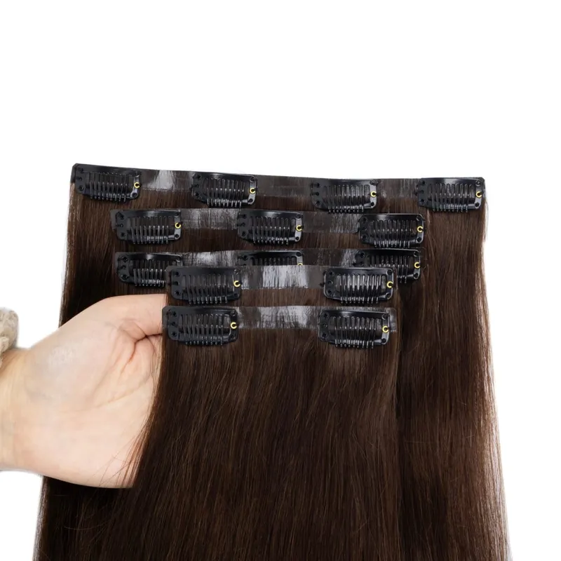 Bezešvé PU prodlužování vlasů Clip In Skutečné přírodní Neviditelné PU pásky Útkové Clip Ins Stroj Remy 12-24inch Invisible Clip Ins 7PCS