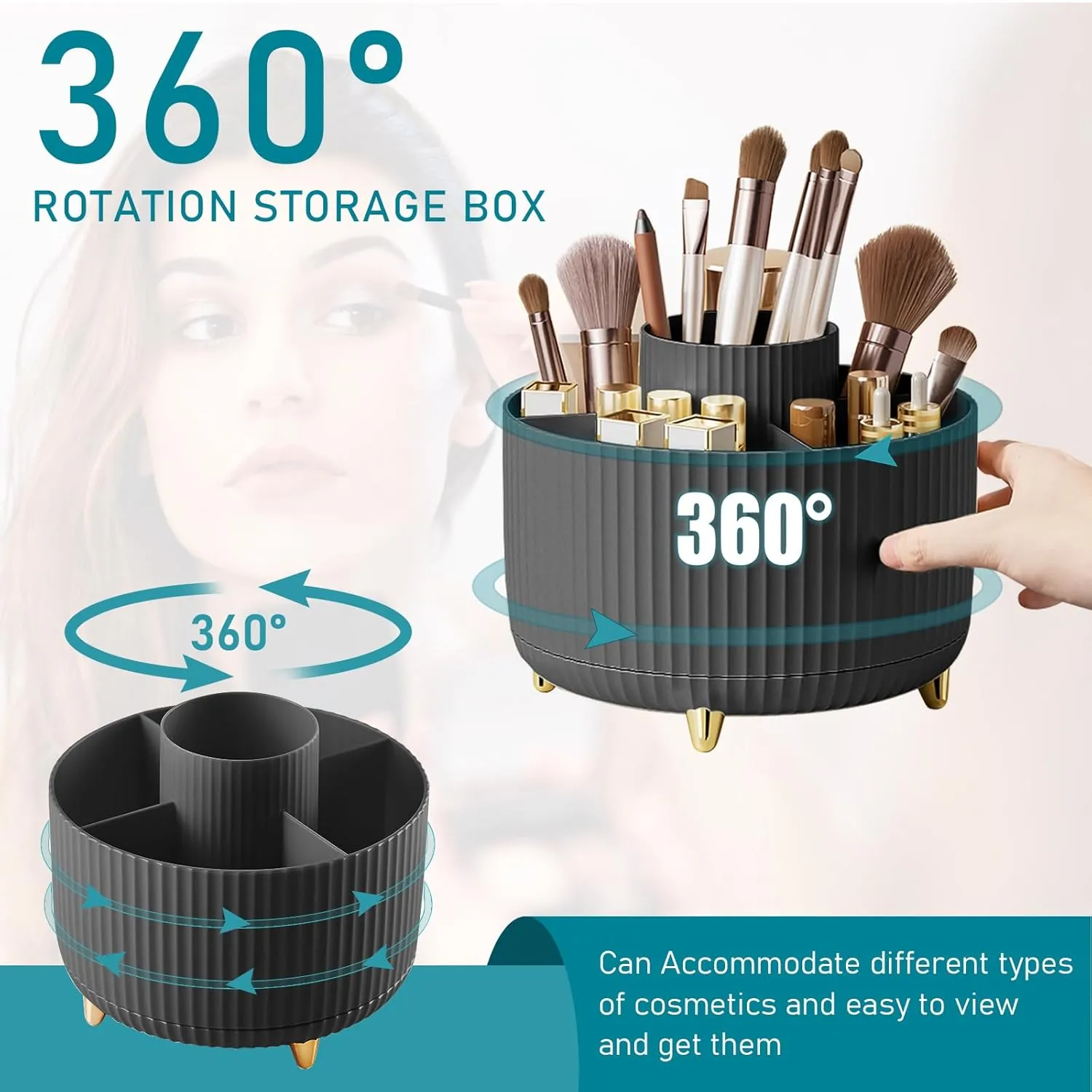 Makeup Brush Holder Organizer 5 Slot 360° Rotating Makeup Brushes Desktop Storage Organizers for Vanity Desktop Bathroom Office — image 2