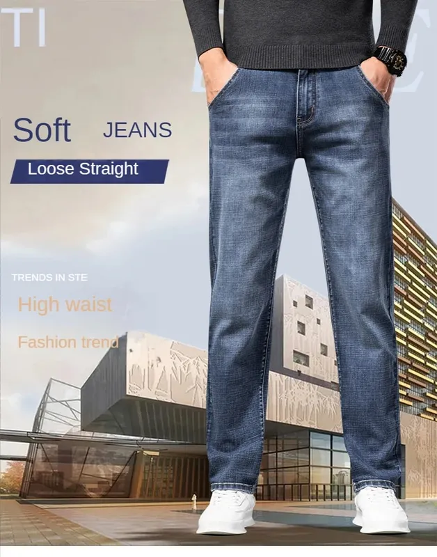 New Spring Summer Plus Size 40 42 44 Men Straight Loose Jeans Business Fashion Denim Stretch Pants Male Brand Trousers — image 10