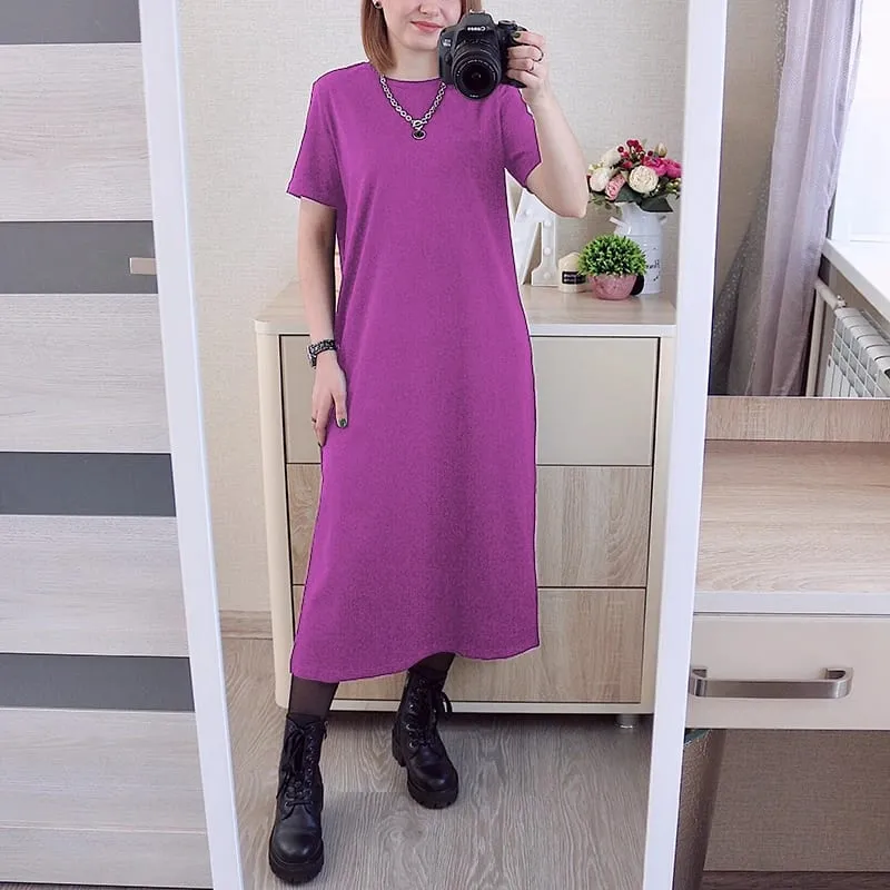 Original Casual 94% Cotton Summer Women's Dresses Solid Short Sleeve Spilt Long Midi Dress Fashion Sundress Female Clothing — image 5
