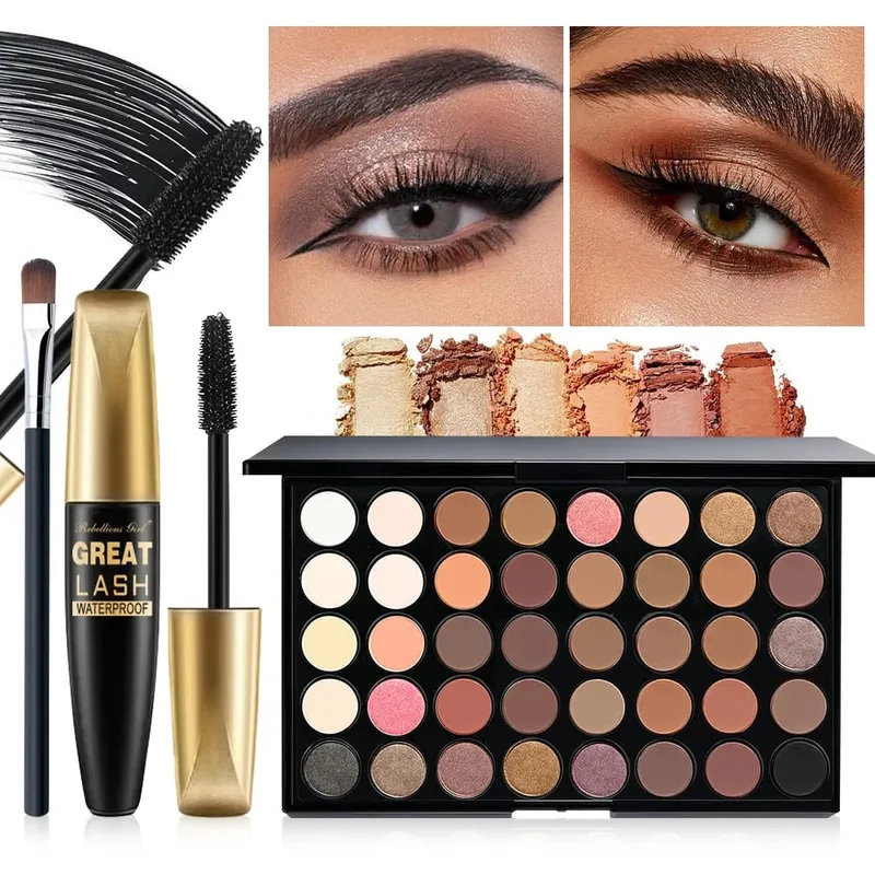 3pcs Makeup Sets for 40 Colors Rainbow Eyeshadow Palette+Black Mascara with 1pc Brush 3 In 1 Makeup Kit For Daily Party Daily — image 4