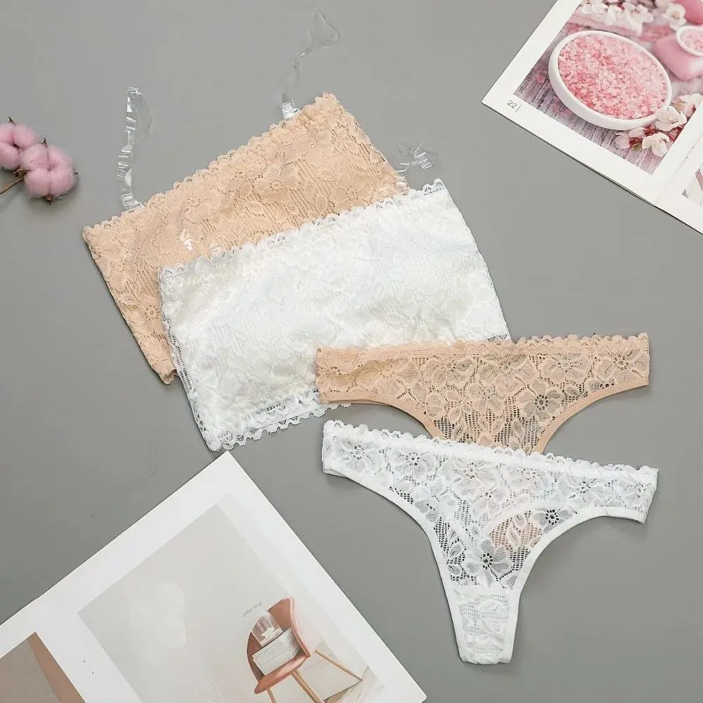 Lace Sheer Flower Thong Bra Set Invisible Straps Embroidery Floral Panties Bra Kit Lingerie Hollow Underwear for Women Ladies — image 2