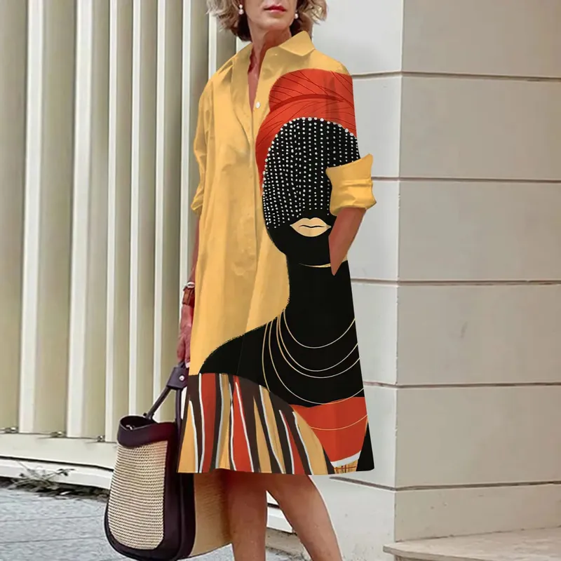 Women's Long Work Dresses Turtleneck High Waist Tie Button Face Pattern Printed Shirt Dresses Button Loose Spring and Summer — image 15