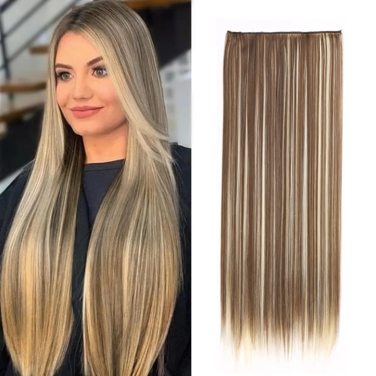 Daily Use Clip in Hair Extensions 5 Clips One Piece Instant Volume Long Straight Synthetic Hair Brown Blonde Color for Women