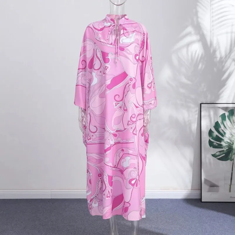 Oversized Women's Print Kaftan Maxi Dress With Pink Pattern Loose Fit Full Sleeve Long Dresses Summer Beach Vacation Outfit Robe
