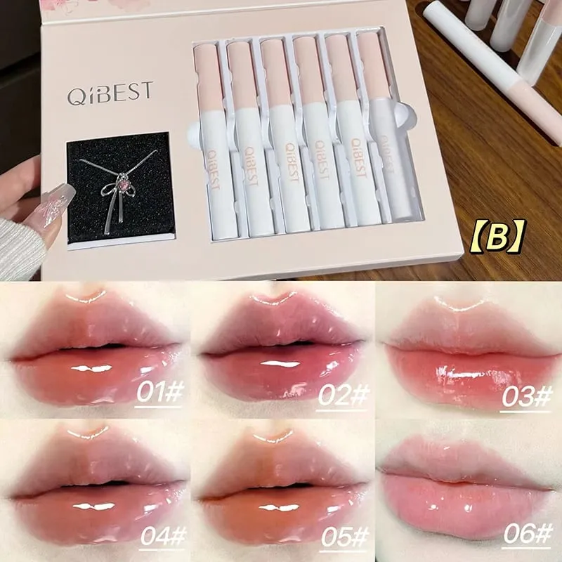 6Pcs/Box Matte Lipstick Sets And Mirror Watery Lip Glaze Lasting Lip Makeup Sets Moisturizing Lipgloss Necklace Gift — image 2