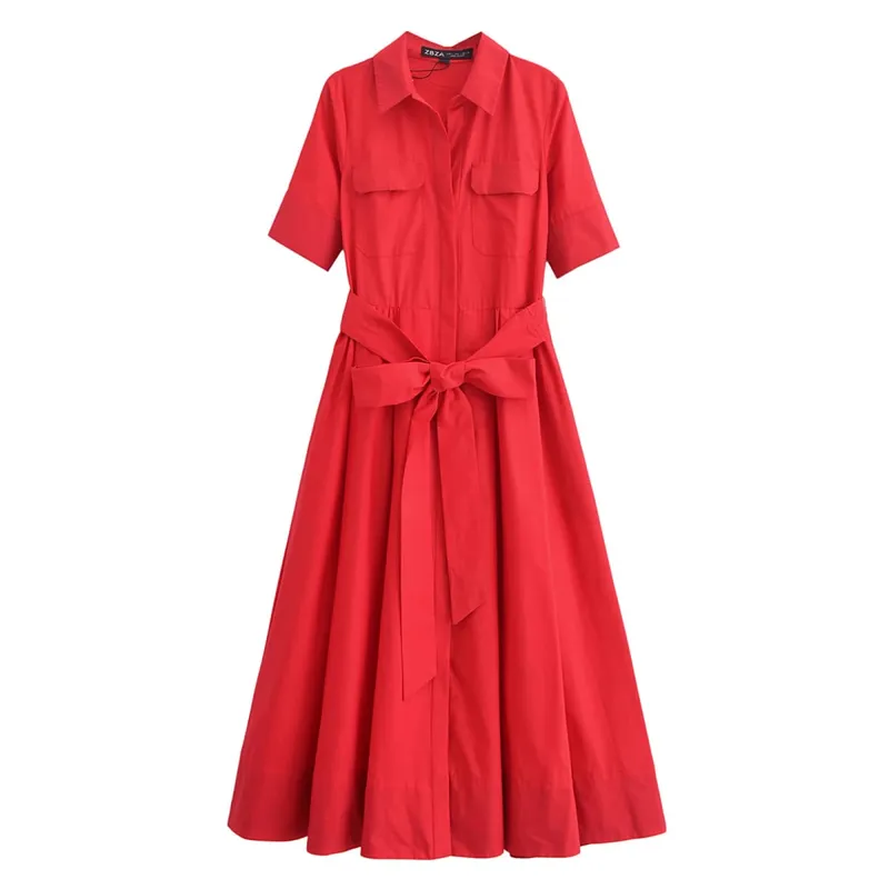 HH Women Summer Lapel Short Sleeve Pocket Single-Breasted Belt Decorate Midi Dress Female Fashion Shirt Style Pleated Dress — image 9
