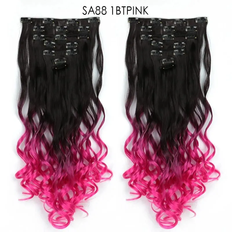 Clip in Long Wavy Synthetic Hair Extension 22 Inch Black 7PCS Thick Hairpieces Fiber Double Weft Hair for Women
