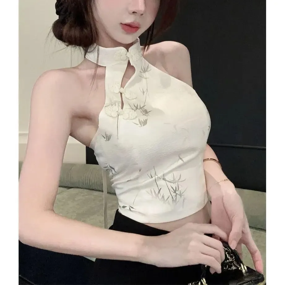 Summer Elegant Vintage Woman Clothing Print Halter Sleeveless Design Camis Tops Retro New Fashion Female Button Casual Chic Tops — image 8