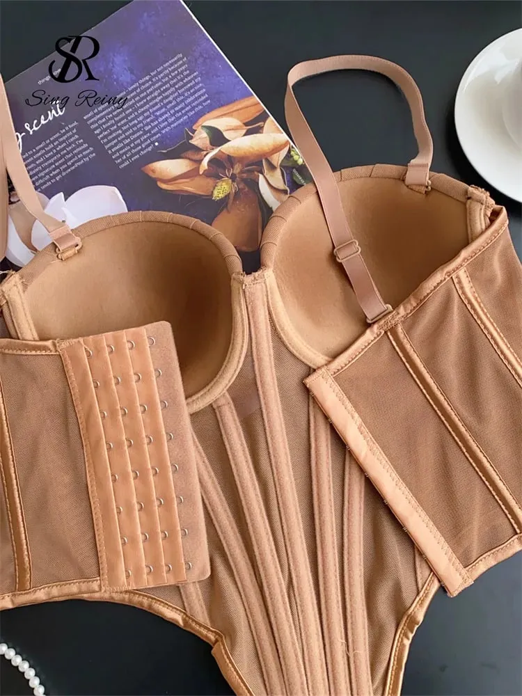 Fashion Solid Corset Lingerie Top Ladies Strap Sheer Mesh Slim Camisole American Retro Backless Beach Sexy Tank Top — image 6