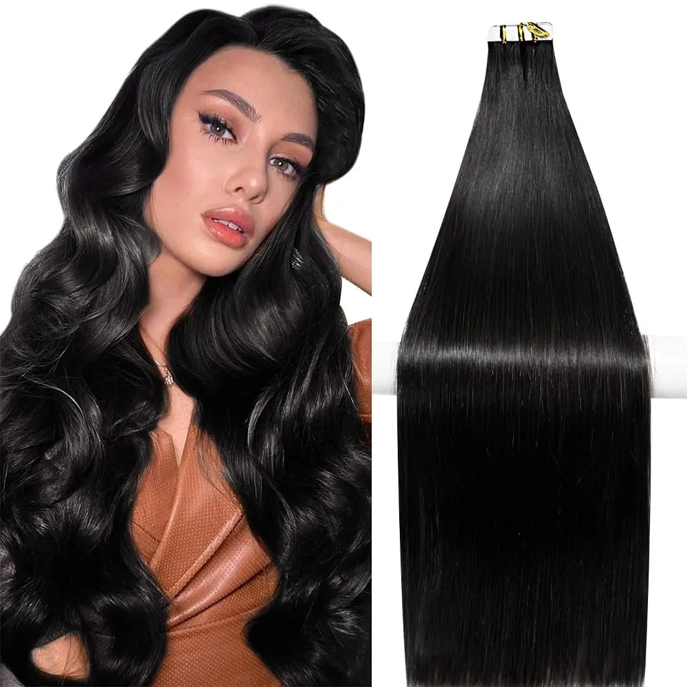 Straight Tape In Extensions 50G/20Pcs Skin Adhesive Invisible Glue #1B Tape Ins Brazilian Remy 100% Human Hair On Salon Quality — image 2