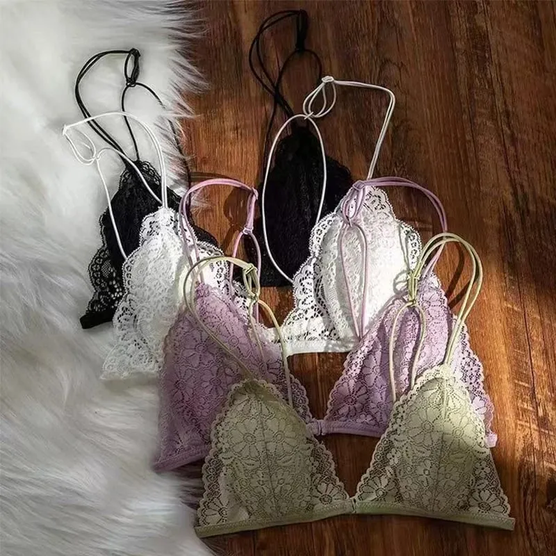 French Style Sexy Lace Thin Triangle Bra With Front Button Women's No Steel Ring Wireless Lingerie Underwear Beautiful Back Bra — image 2