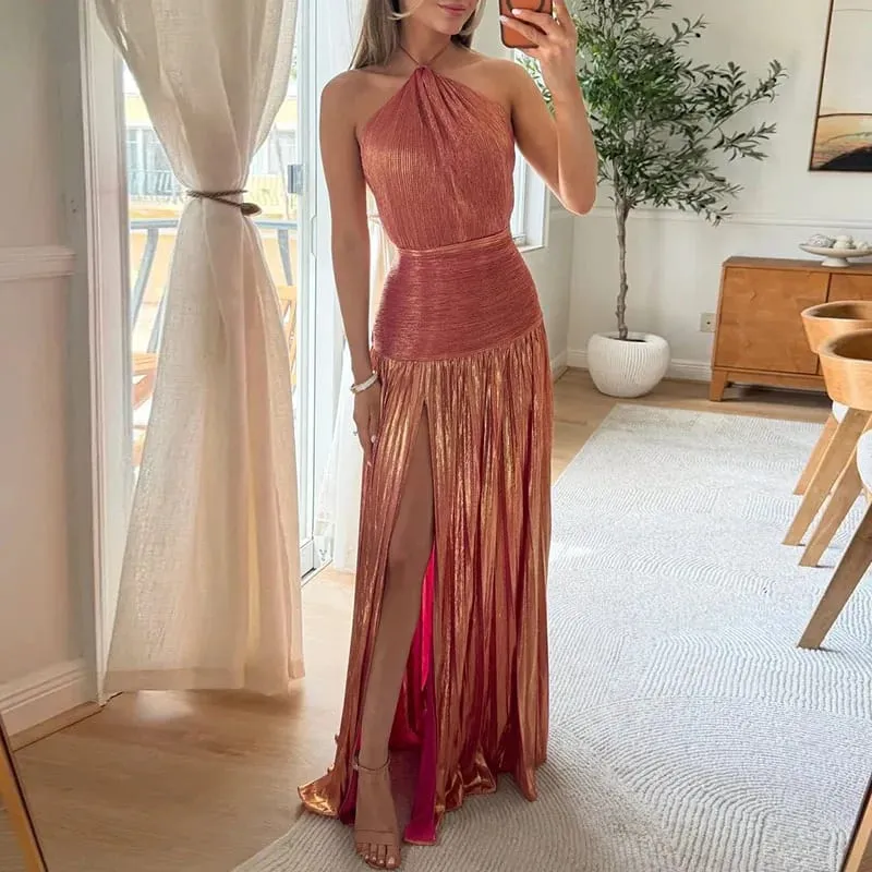 Zlaté sexy ohlávkové šaty s vysokými dělenými róbami Večerní šaty Dámské elegantní Jednobarevné duté řasené dlouhé šaty Jaro Léto Maxi šaty na zip bez zad — image 7