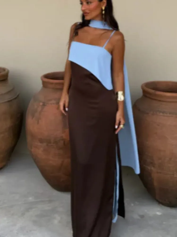 Robe Maxi à bretelles et col écharpe pour femmes, blocage de couleur, bretelles Spaghetti, fente haute, longueur au sol, Robes de soirée pour dames — image 4