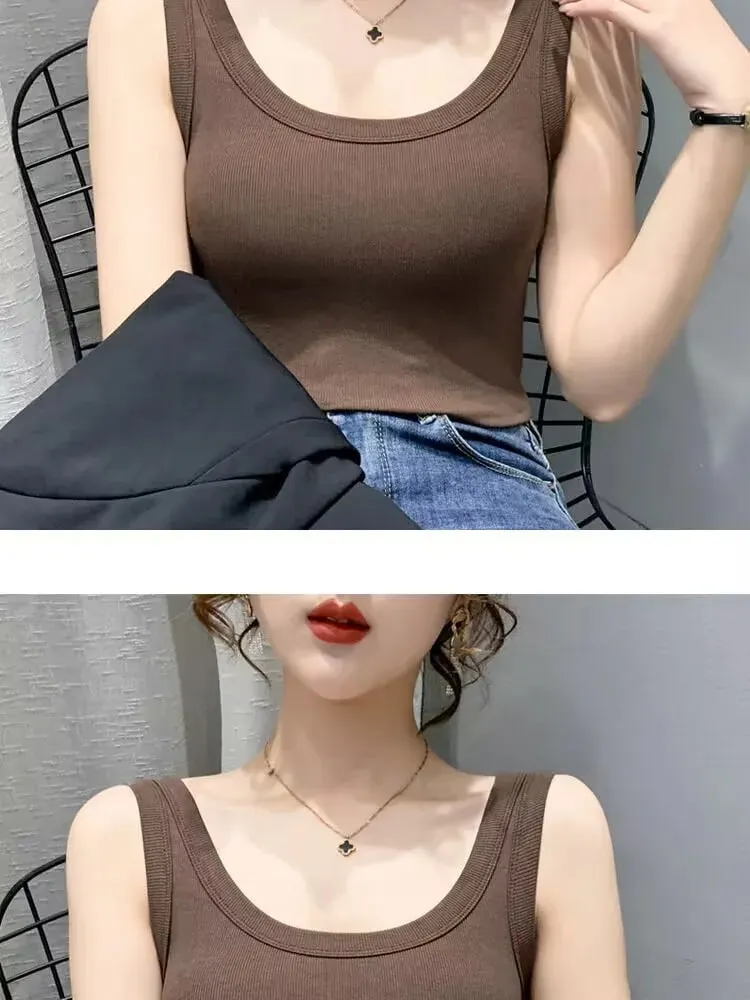 2023 Summer Women Basic Ribbed Knitted Tank Top Solid Color Sleeveless T-shirts Casual Camis Green Blue Elastic Female Tops — image 9