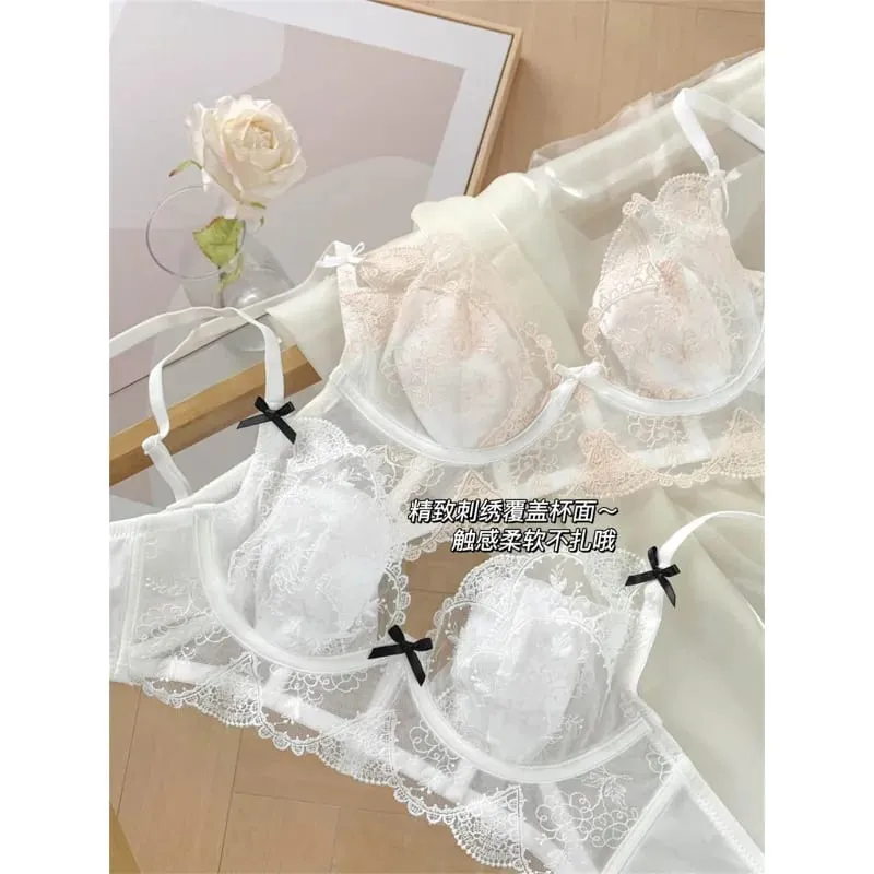 French Lace Lingerie Set Women Wirefree Minimizer Support Summer Ultra Thin Bra Large Chest Petite Look Bunny Ears — image 4