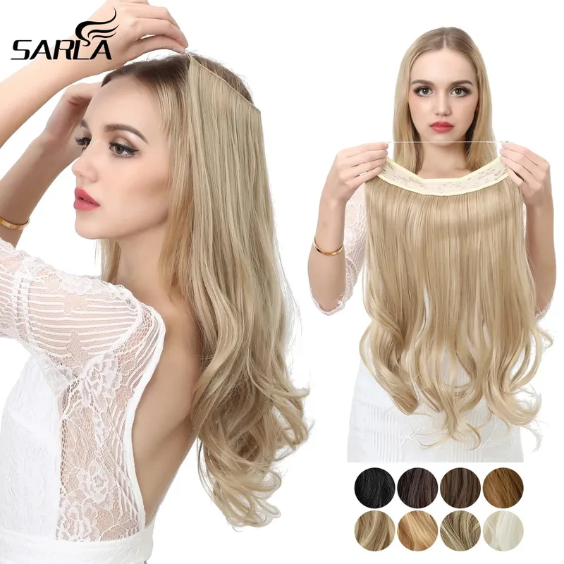Synthetic No Clip Wave Hair Extensions Ombre Natural Blonde One Piece False Hairpiece Fish Line Fake Hair Piece