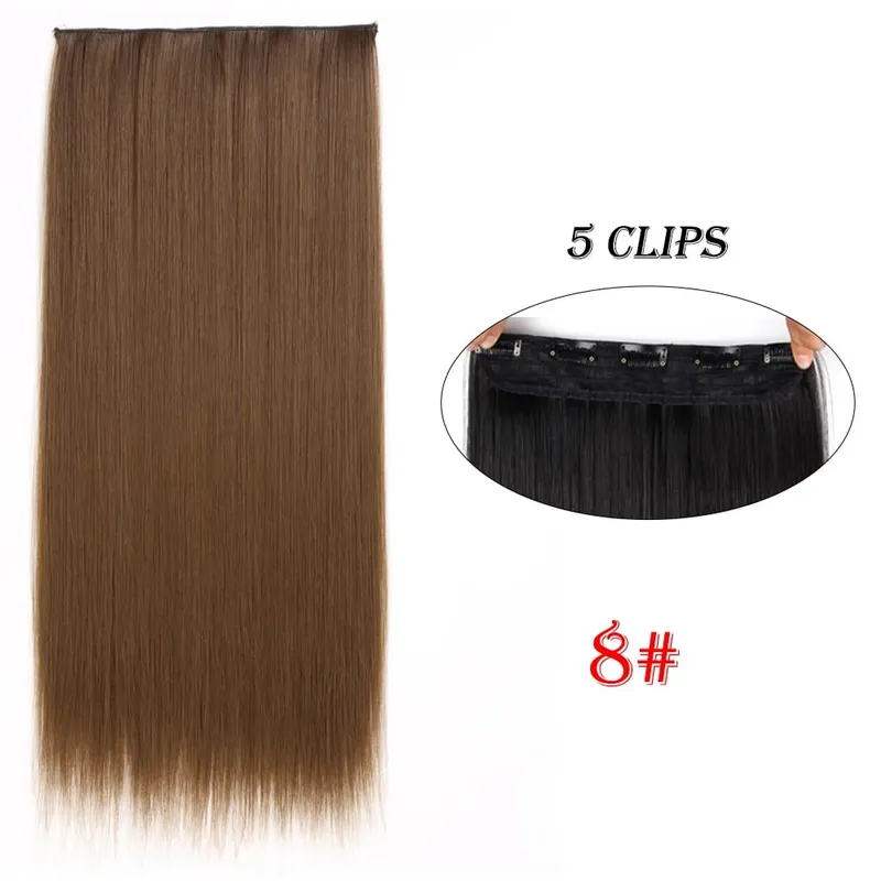 One Piece Clip In Hair Extensions 24" Straight Thick Synthetic Clip In Hairpieces Highlights Black Brown Soft For Women Daily