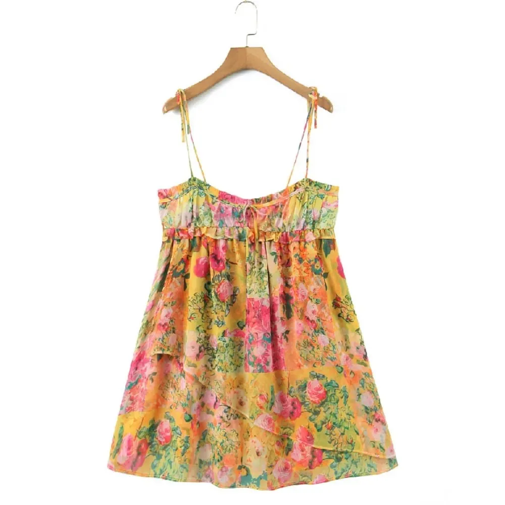 Women Bow Lacing up Sling Robe Holiday BOHO Ruched Chest Orange Flower Print Spaghetti Strap Mini Dress