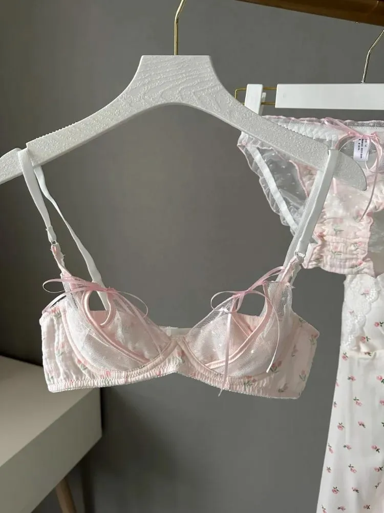 Kawaii Lace Bralette Set Japanese Floral Mesh Underwear Summer Ultra-Thin Lace-Up Cutout Romantic Bra 2024 New Kawaii set — image 1