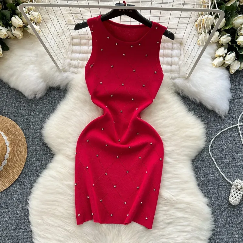 Beading Summer Women's Knitting Sheath Tank Dress Female Bodycon Knitted Camisole Sleeveless Mini Dresses For Woman Outfits