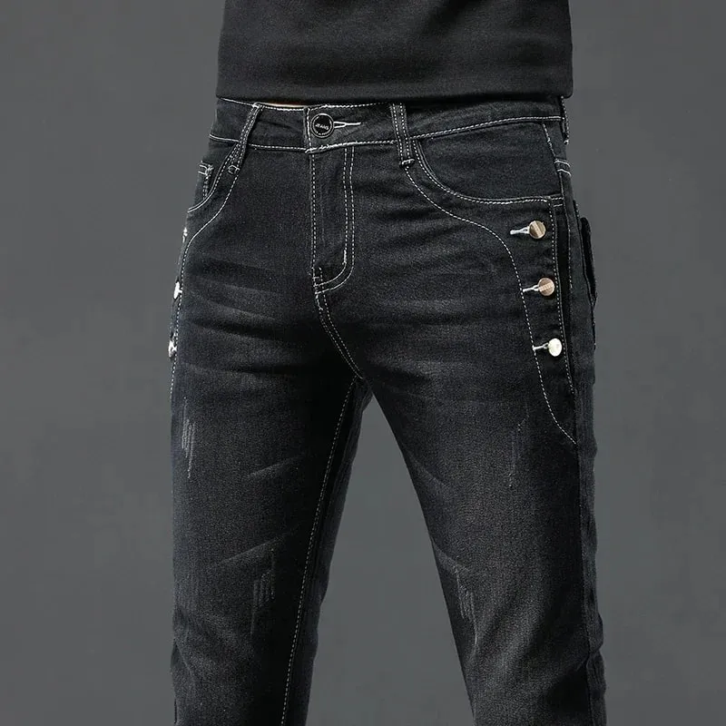 Men's Vintage Jeans Designer Korean Fashion Snowflake Wash Stretch Straight Pencil Pants Classic Slim Male Denim Trousers