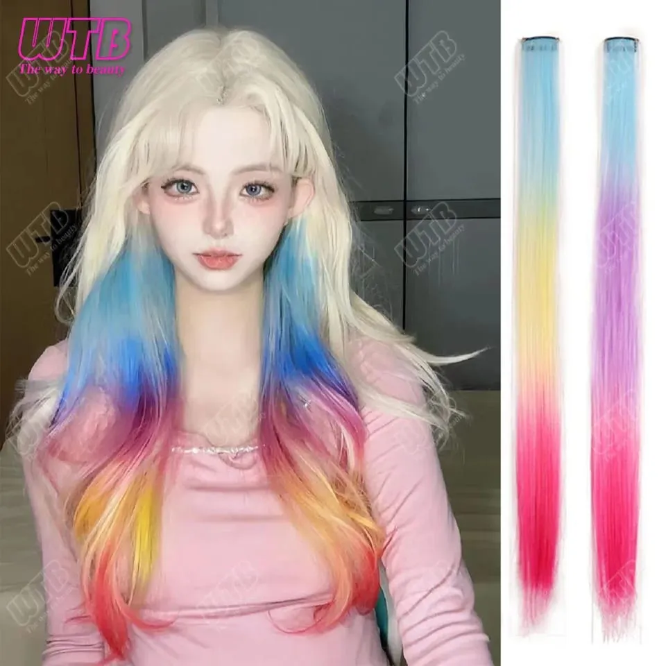 Synthetic Colored Clip in Hair Extensions Straight Hairpiece Multi-Colors Party Highlights Clip in Synthetic for Women Girls — image 3