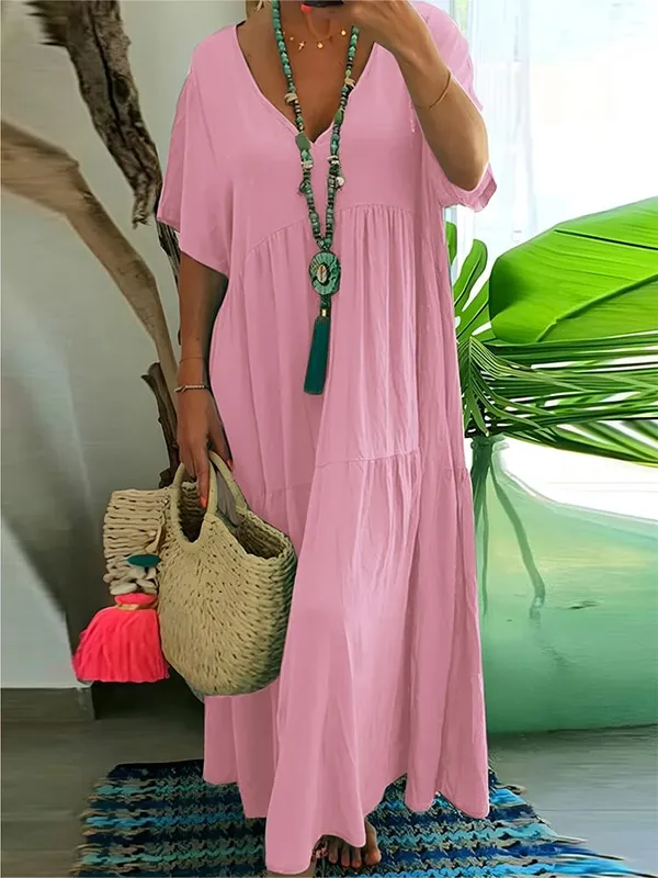 plus Size Women's Casual Loose V-Neck Solid Long Dress Spring Summer Pleated Big Size Women's Dress — image 11