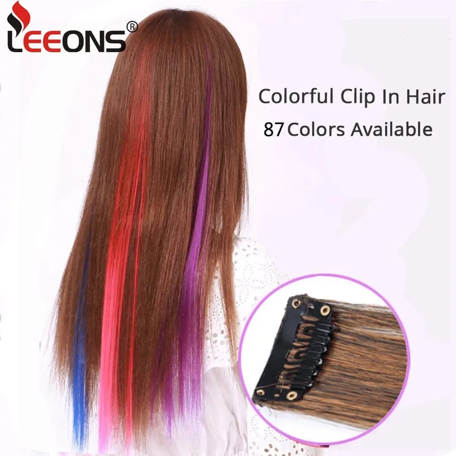 Straight Colored Hair Piece Hair Extensions Clip In Highlight Rainbow Hair Pink Blue Purple Synthetic On Clips For Women Girls — image 4