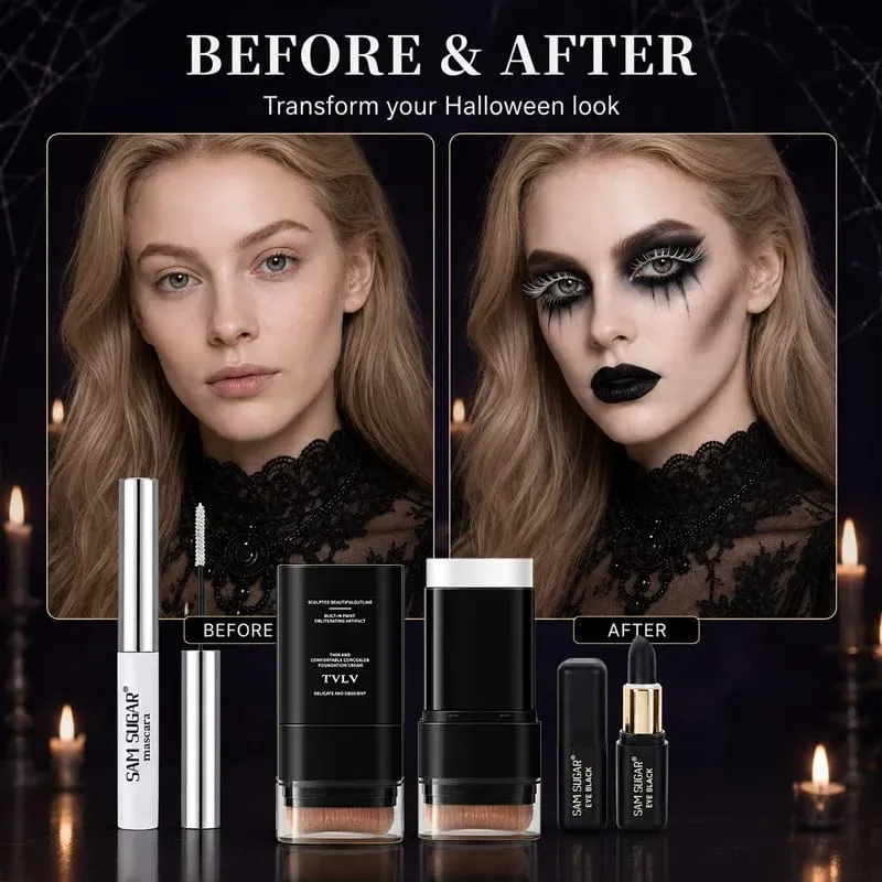 3PCS Halloween Makeup Kit Mascara White Foundation Stick Black Face Paint Stick Goth Vampire Skeleton SFX Cosplay Costume Party — image 6