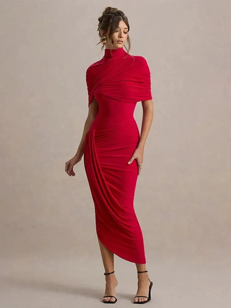Irregular Pleated Ruched Maxi Dress Women's Backless Turtleneck Slim High Waist Robes Summer Lady Chic Street Vestidos 2025 New — image 6