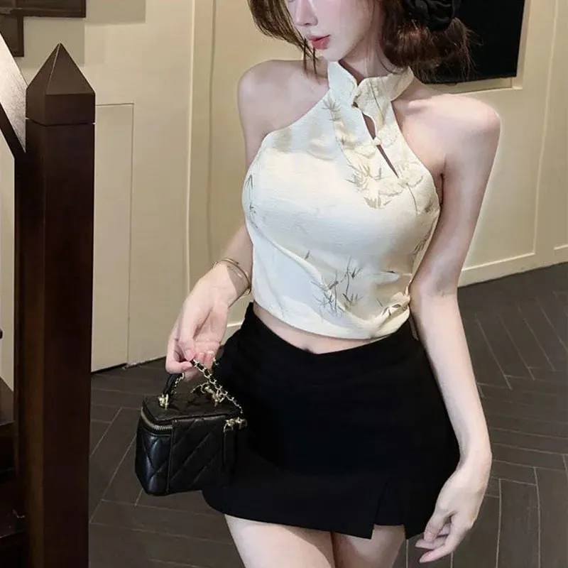 Summer Elegant Vintage Woman Clothing Print Halter Sleeveless Design Camis Tops Retro New Fashion Female Button Casual Chic Tops — image 5