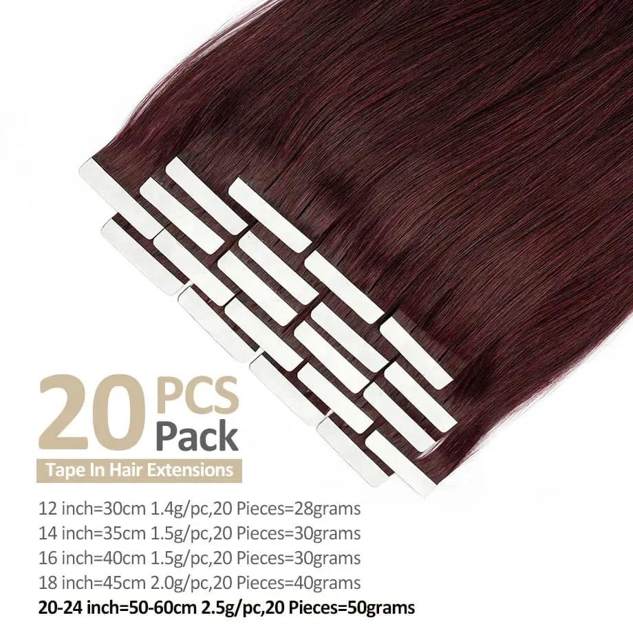 Wine Red Tape in Hair Extensions Real Human Hair 12-24" Invisible Seamless Burgundy Human Hair Tape in Extensions #99J 20/40pcs