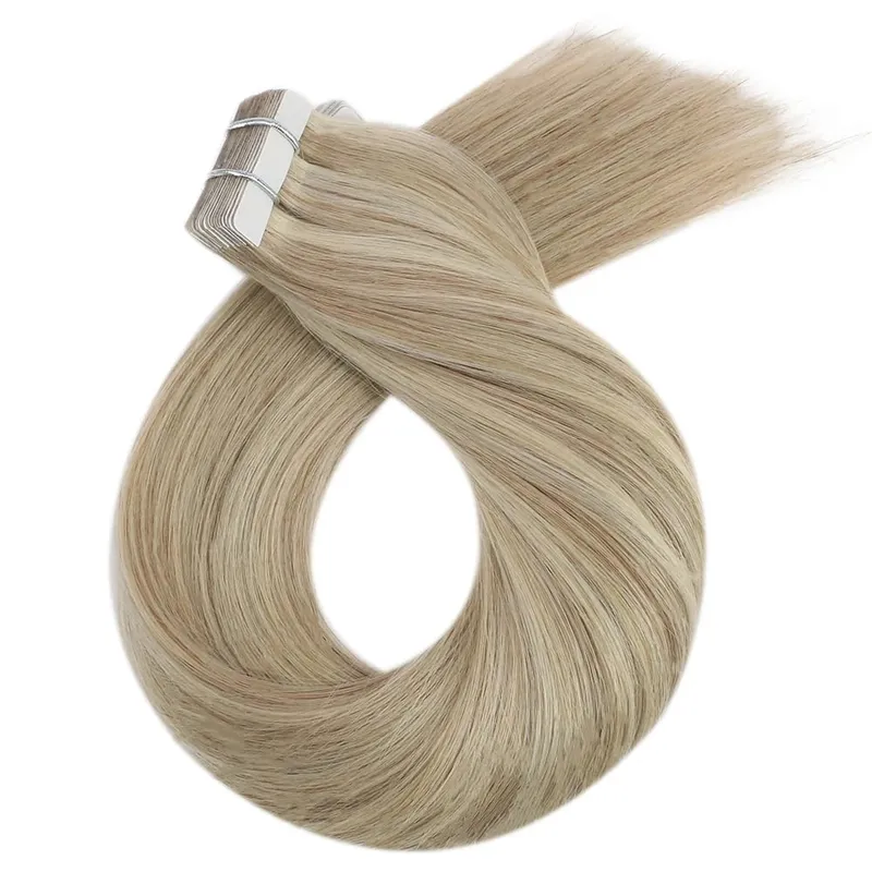 Moresoo Human Hair Extensions Tape in Invisible Balayage Hair Extensions 50G Machine Remy Straight Tape in Natural Straight Hair