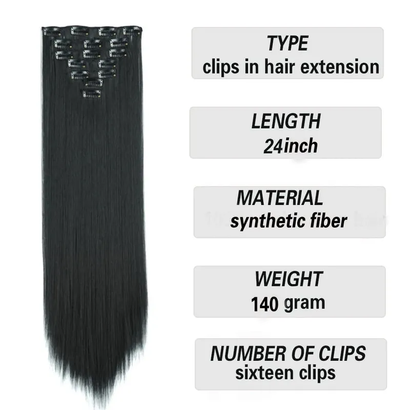 Long Straight Synthetic 16 Clips In Hair Extensions 7Pcs/Set High Temperature Fiber Black Brown Blonde Hairpiece For Women — image 9