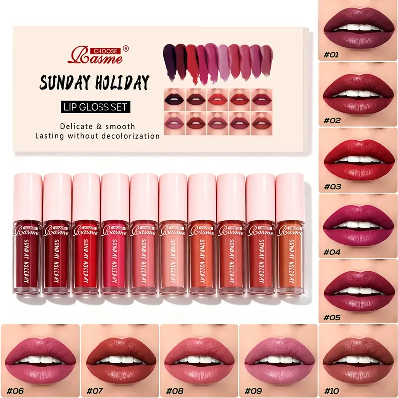 10PCS/Set Sunday Holiday Lip Gloss Kit Matte Liquid Lipstick Long Lasting Waterproof Lip Tint Women Cosmetics Wholesale Makeup — image 2
