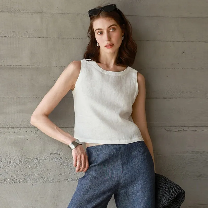 Chic Front And Back Two Wear Women Linen Tank Top 2026 Summer New Casual Short Loose 100% Linen Sleeveless Crop Tops — image 10