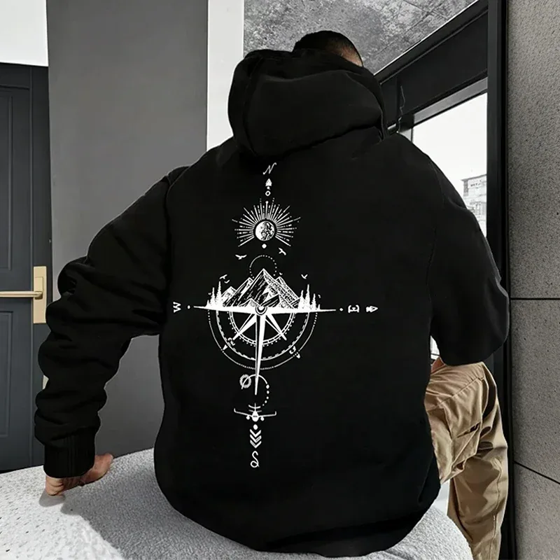Vintage Compass Print Hoodies for Men High Quality Hooded Long Sleeve Pullover All Season Daily Casual Sports Tops Men's Clothes — image 1