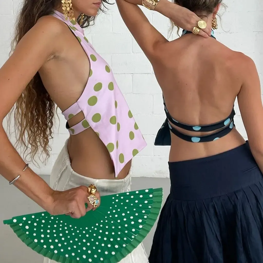 Combhasaki Women's Y2K Button Closure Halter Neck Crop Tops Sleeveless Backless Aesthetic Dots/Tie-dye Flower Print Summer Vests — image 3