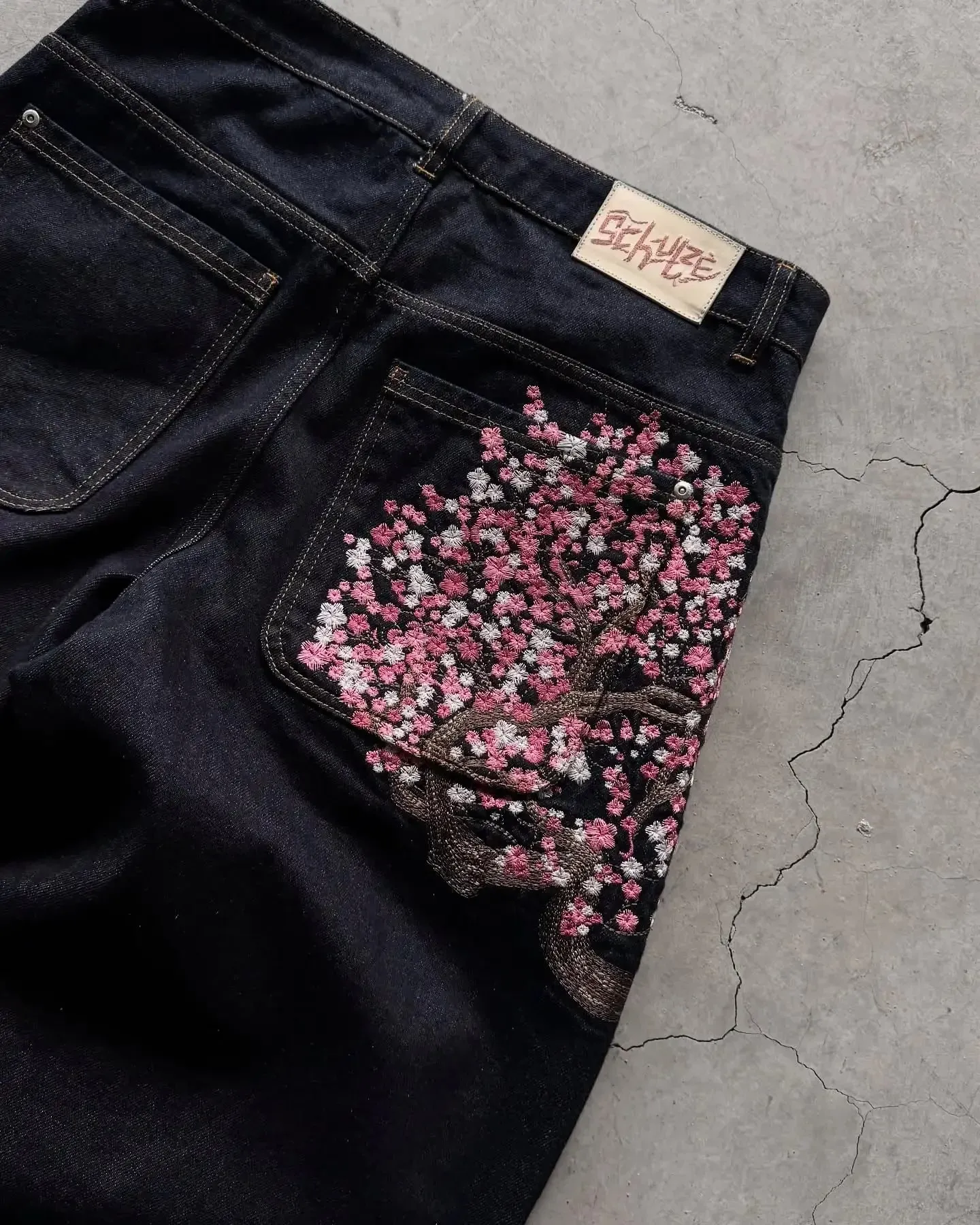 Harajuku Patchwork Cherry Blossom Embroidery Denim Pants Y2k Vintage Women Baggy Straight Wide Leg Jeans Street Men Clothes — image 3