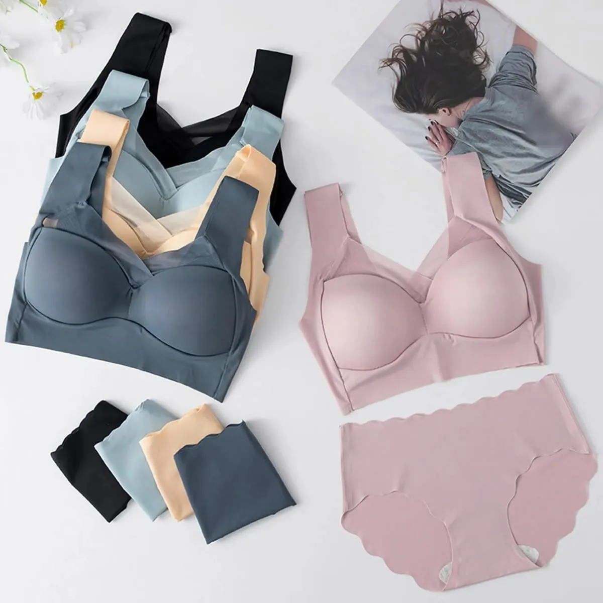 Set di biancheria intima senza cuciture da donna Set di t-shirt di bellezza con retro sottile in seta di ghiaccio senza fili e set di slip lisci. Abiti di lingerie in tinta unita — image 2