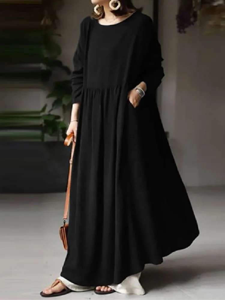 Autumn Women Sundress ZANZEA 2023 Vintage Solid Dresses Female Cotton Robe Casual Long Sleeve Pleated Maxi Vestidos Kaftan — image 5