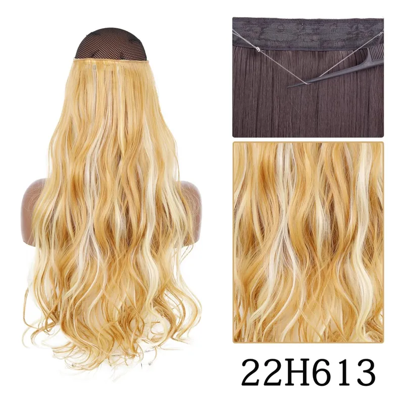 Synthetic No Clip Adjustable Fish Line Hair Extensions Natural Blonde Brown Long Wavy Heat Resiatant Hairpiece For Women