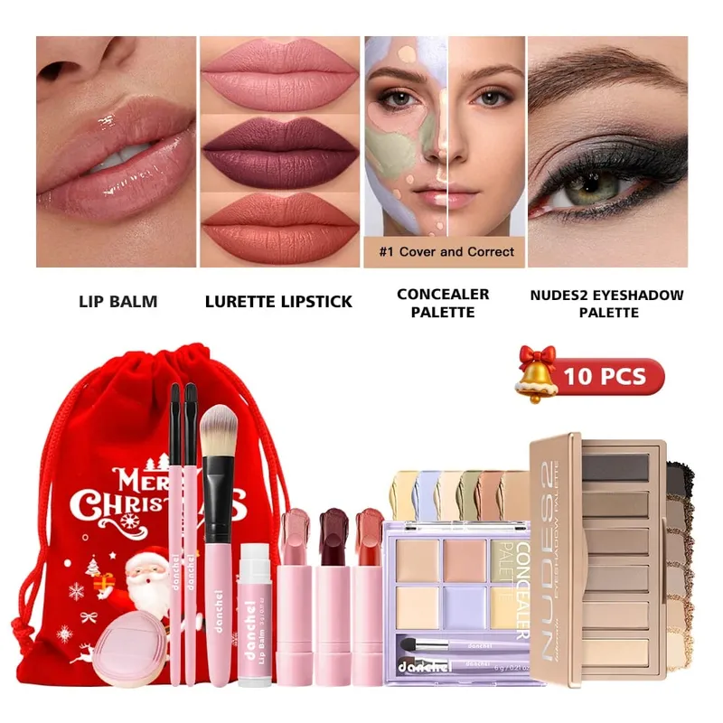 10Pcs Lip Balm Lipstick Concealer Palette Nudes Eyeshadow Palette Makeup Brushes Xmas Drawstring Bag Woman Makeup Christmas Gift
