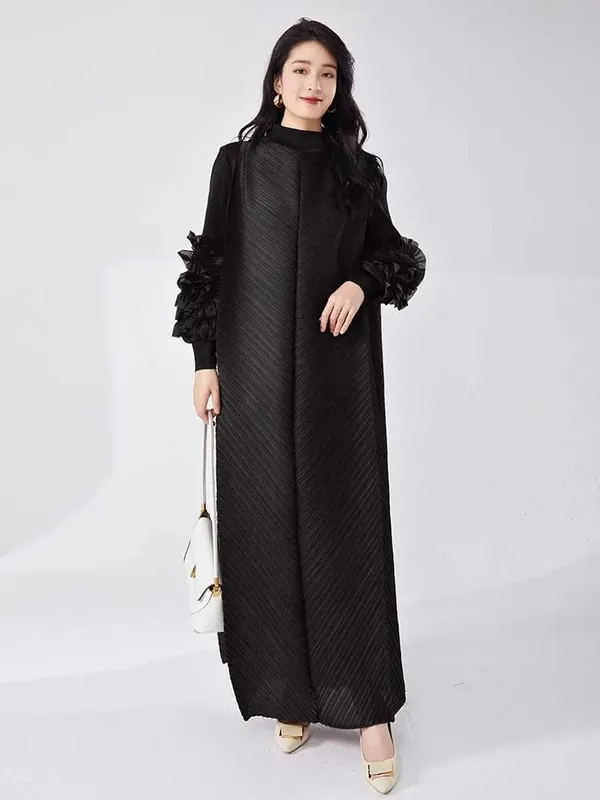 Long Pleated Dress With Ruffles Sleeves Loose Solid Color Stitching Female Party Clothing Summer New Clothes 2DA5900