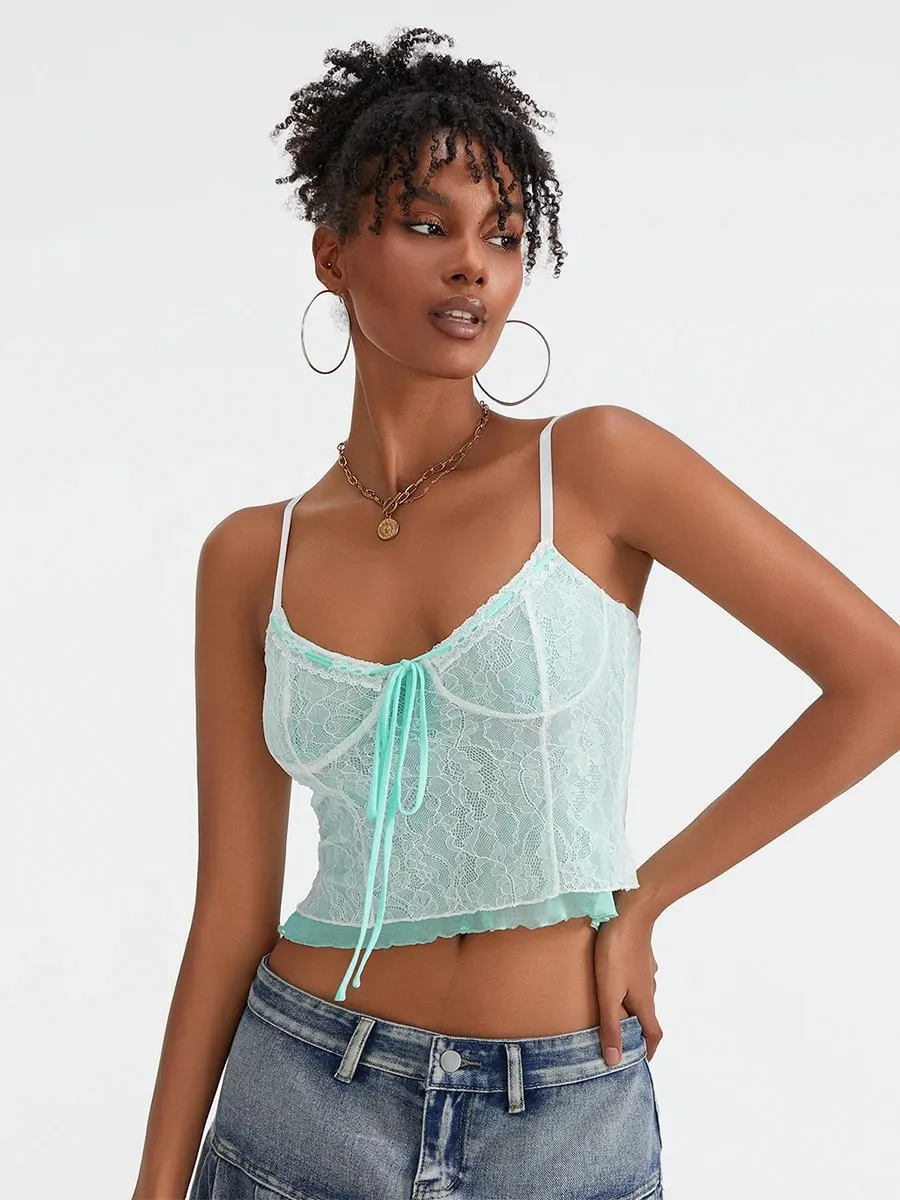 Captivating New Hotsweet Fairycore Women Y2k Lace Camisole Spaghetti Straps Tie-up Patchwork Slim Fit Summer Tops Clubwear — image 4