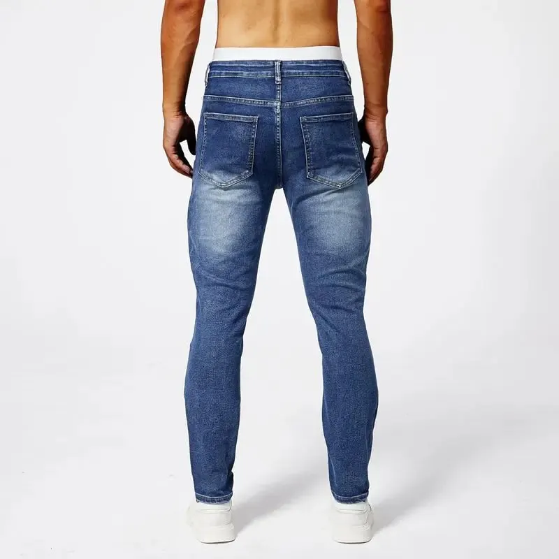 Two tone distressed patchwork jeans for men trendy jeans for summer thin straight leg pants slim fit small leg distressed jeans