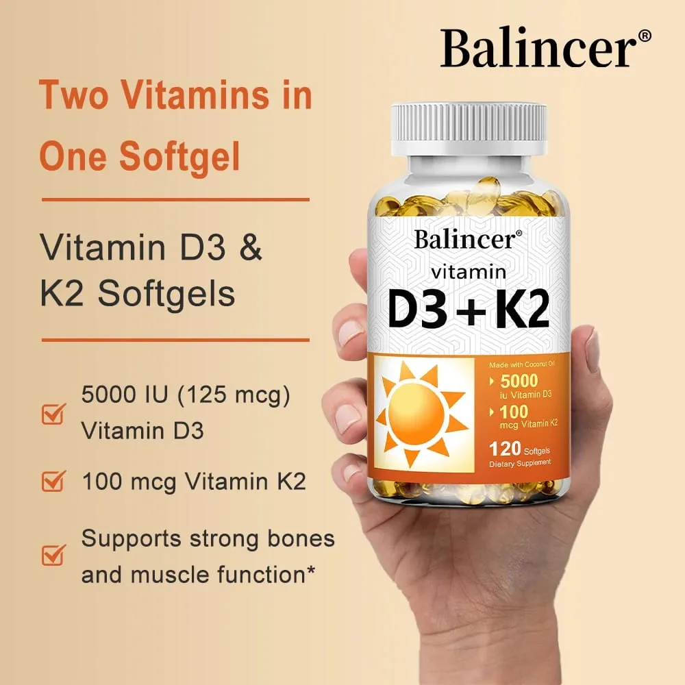 Vitamin D3 + K2 with Organic Virgin Coconut Oil Vegan D3 (5000iu) with MK7 Vitamin K2 (100mcg) Supports Bone Health Supplement — image 4