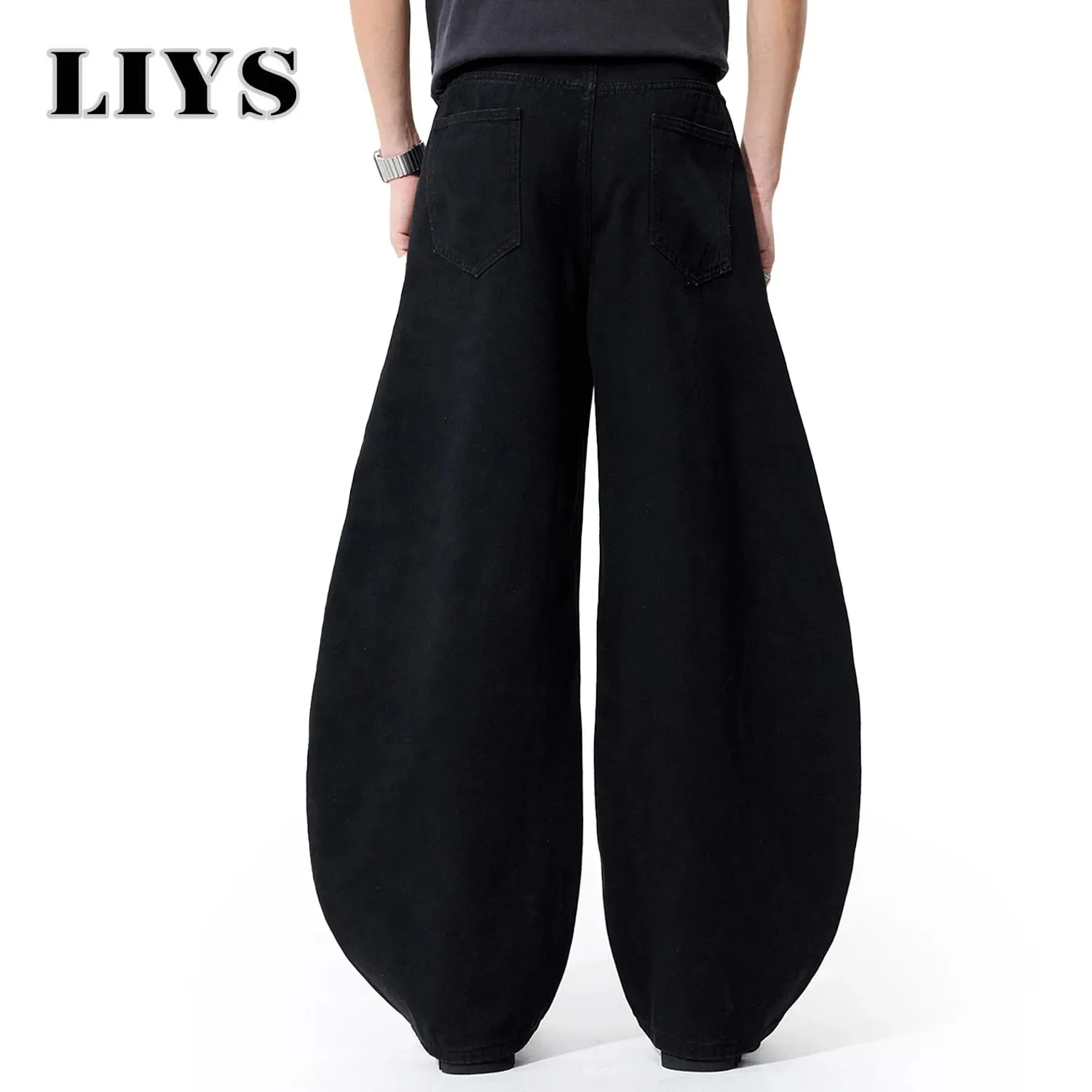 Liys Men's Black Ultra Wide Leg Jeans Baggy Fitting Denim Pants Man Solid Streetwear Daily Casual Fashion Lantern Balloon Jeans — image 2