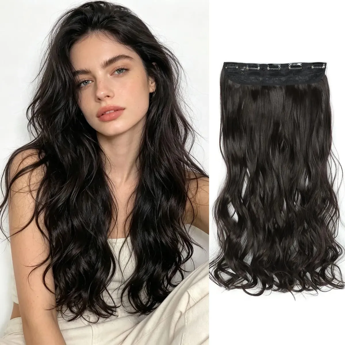 Syntetisk clip in hair extensions 5 clips i ét stykke højtemperatur fiber bølgede hårstykker til kvinder daglig festferie — image 16